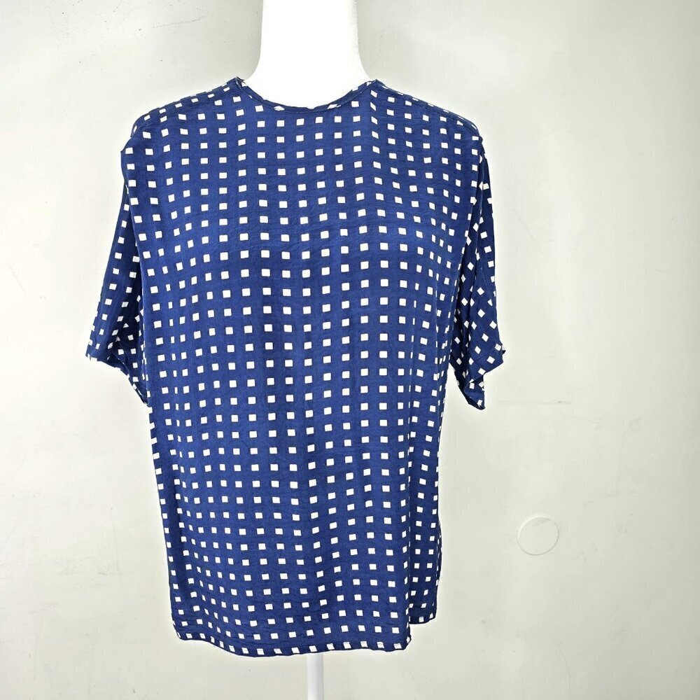 Vintage Michelle Stuart 100% Silk Navy Geometric Crew Neck Boxy Top Lagenlook